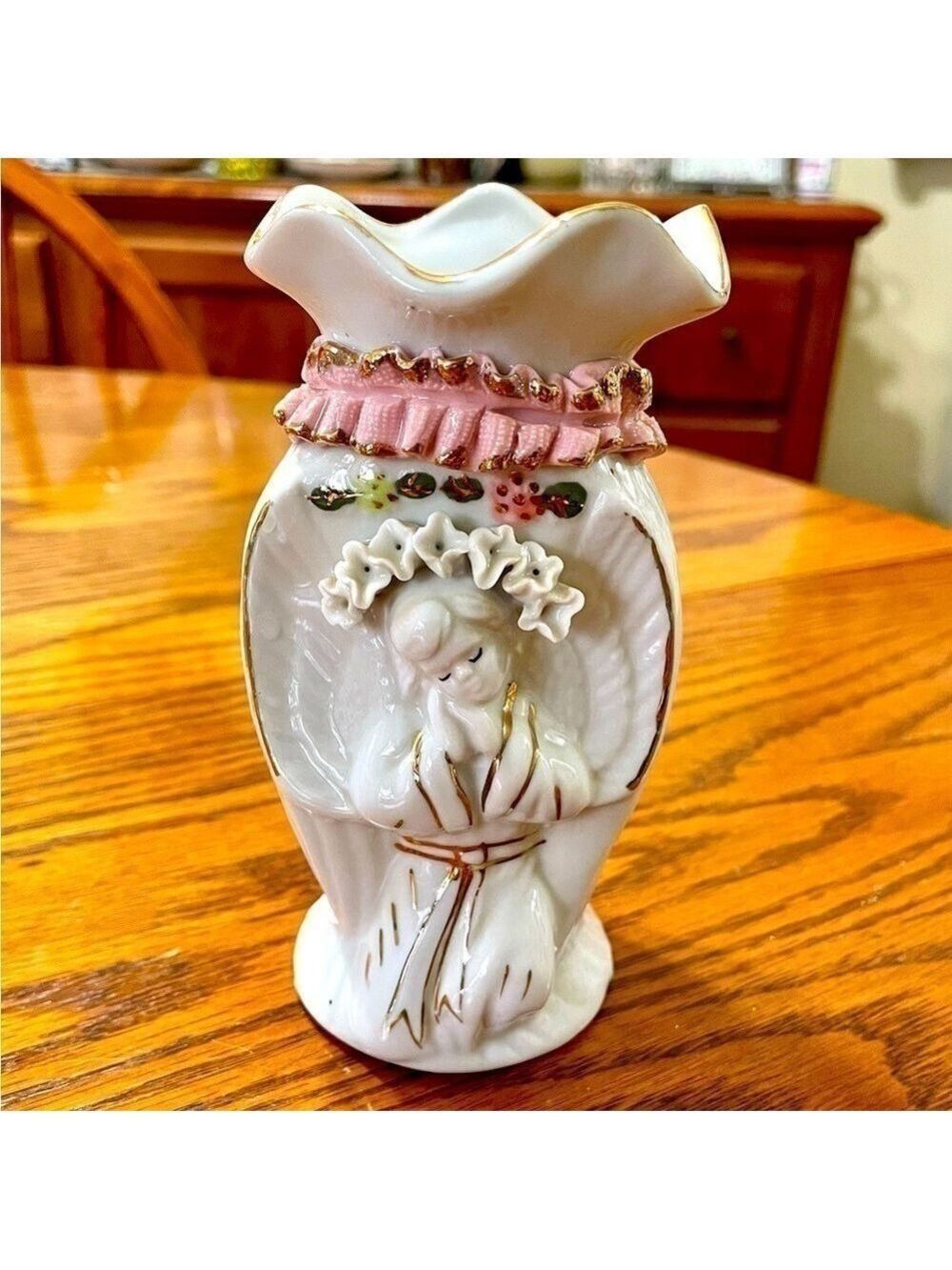 Vintage Ceramic Geisha Bud Vase White Pink Gold
